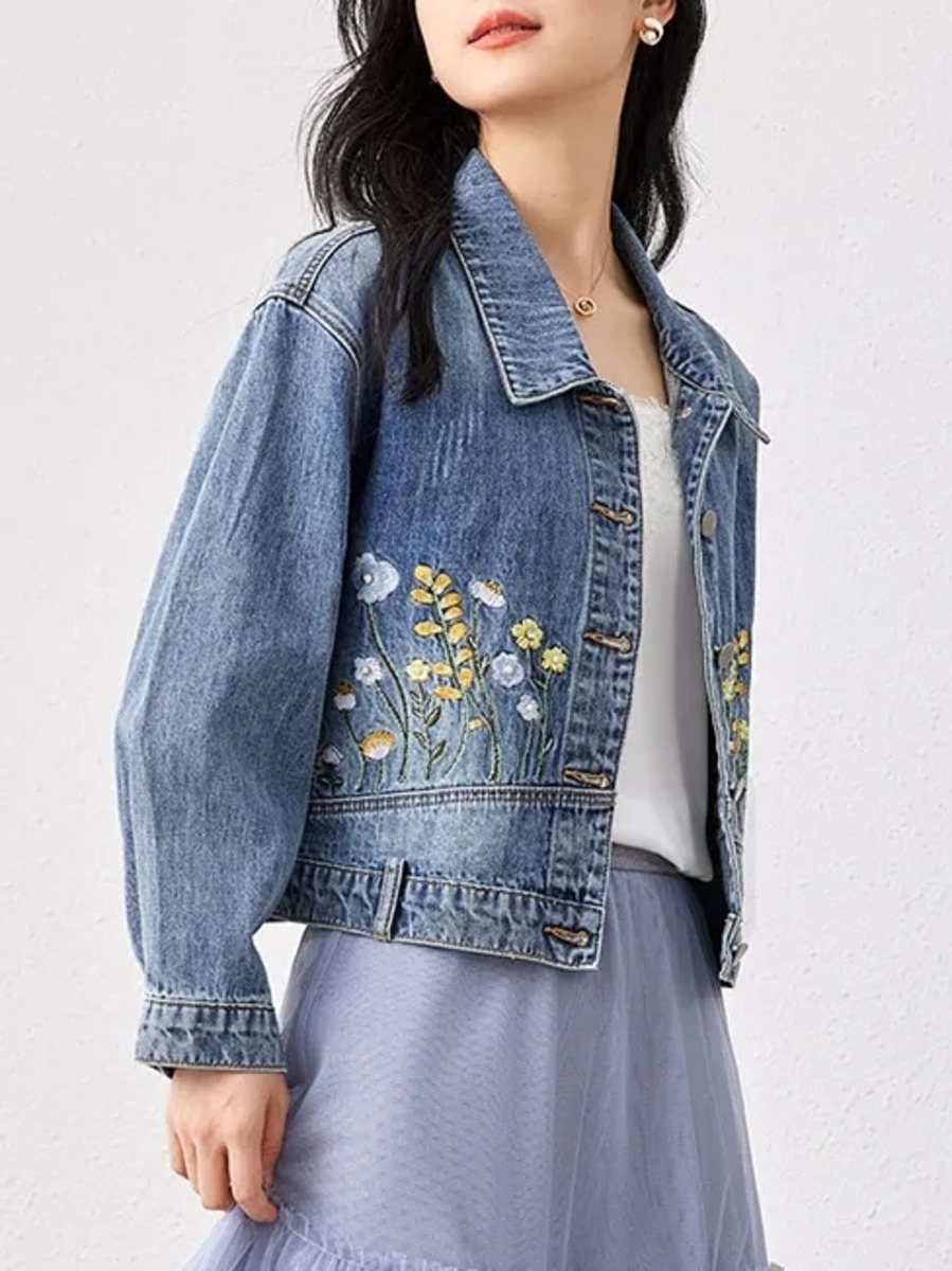 Women Fashion Jeans Top - Krótka kurtka dżinsowa z haftem w
